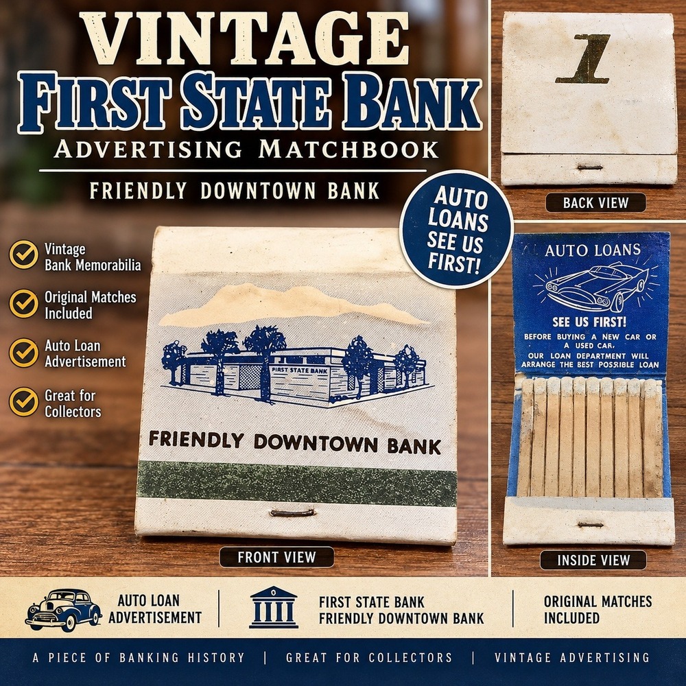 Vintage First State Bank Advertising Matchbook Friendly Downtown Bank Auto Loans